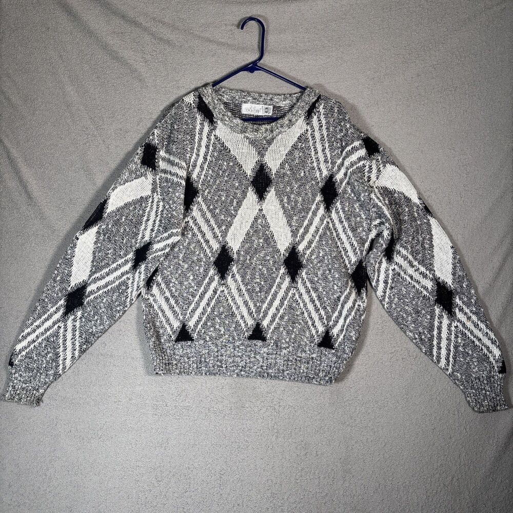 Vintage JJ Cochran Sweater Men’s Size L Black White‎ Argyle